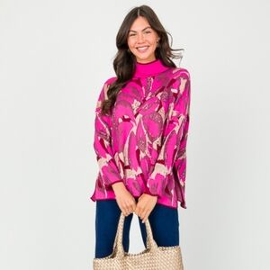 Entro Vibrant Oversized Pink Abstract Print Metallic Details Sweater